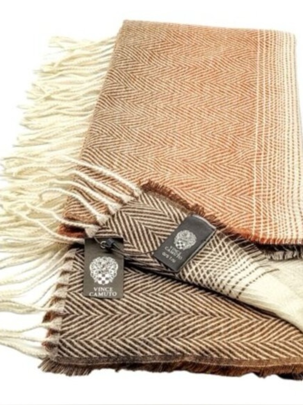 NWT Vince Camuto Rust Brown Chevron Herringbone Fringed Scarf Wrap
